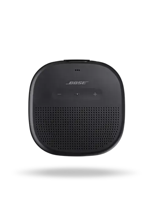 Black Bose SoundLink Micro Bluetooth speaker with compact design, wireless connectivity, and built-in speaker for portable sound.