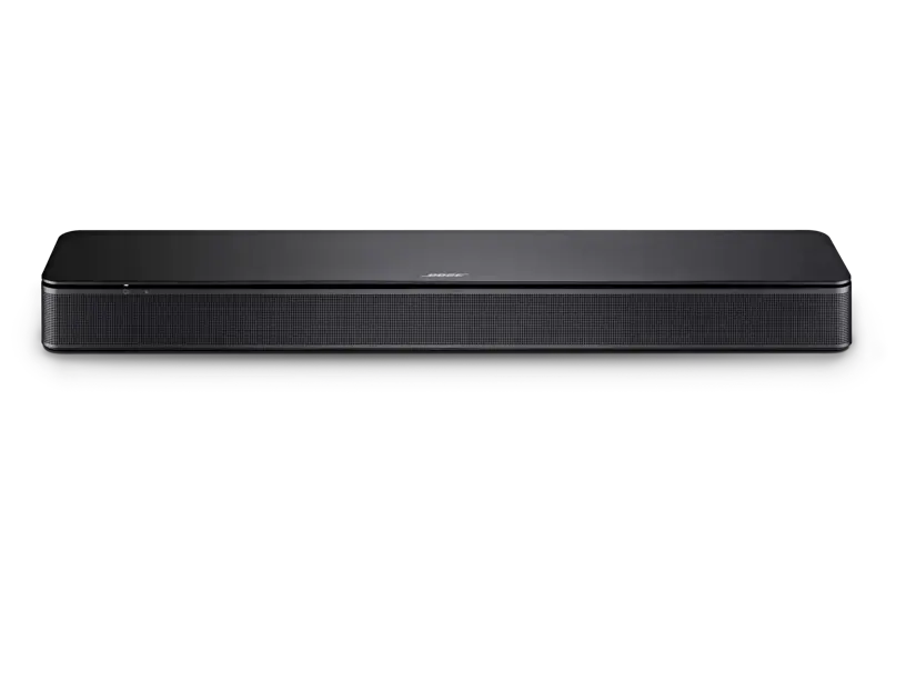 Black Bose TV Speaker by Enforce Records, sleek compact design with front-facing speaker grille and connectivity ports visible.
