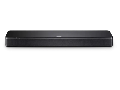 Black Bose TV Speaker by Enforce Records, sleek compact design with front-facing speaker grille and connectivity ports visible.