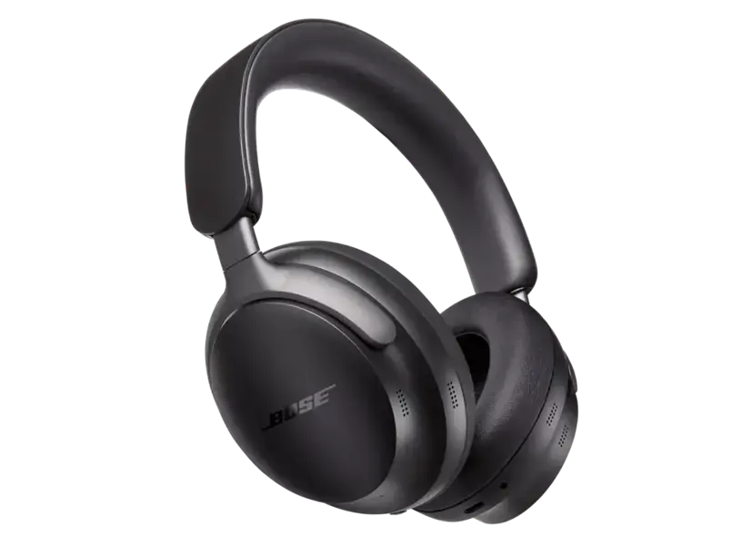 Black Bose QuietComfort Ultra headphones with cushioned ear cups and sleek design, shown on a white background.