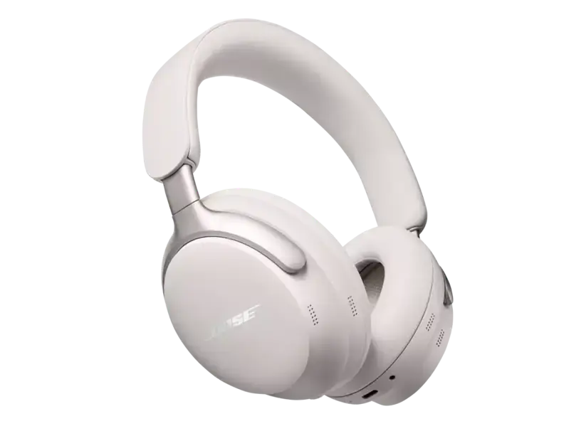 Black Bose QuietComfort Ultra headphones with cushioned ear cups and sleek design, displayed on a plain background.