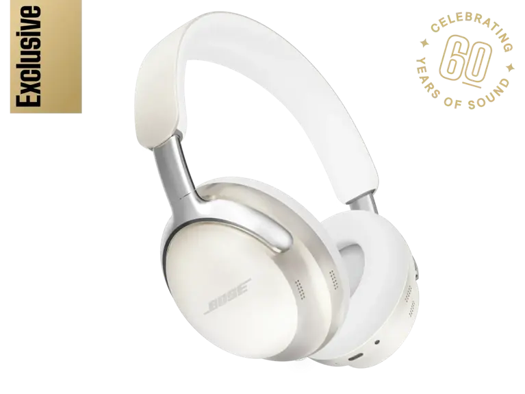 Black Bose QuietComfort Ultra headphones with over-ear design and noise-canceling features, shown on a plain background.