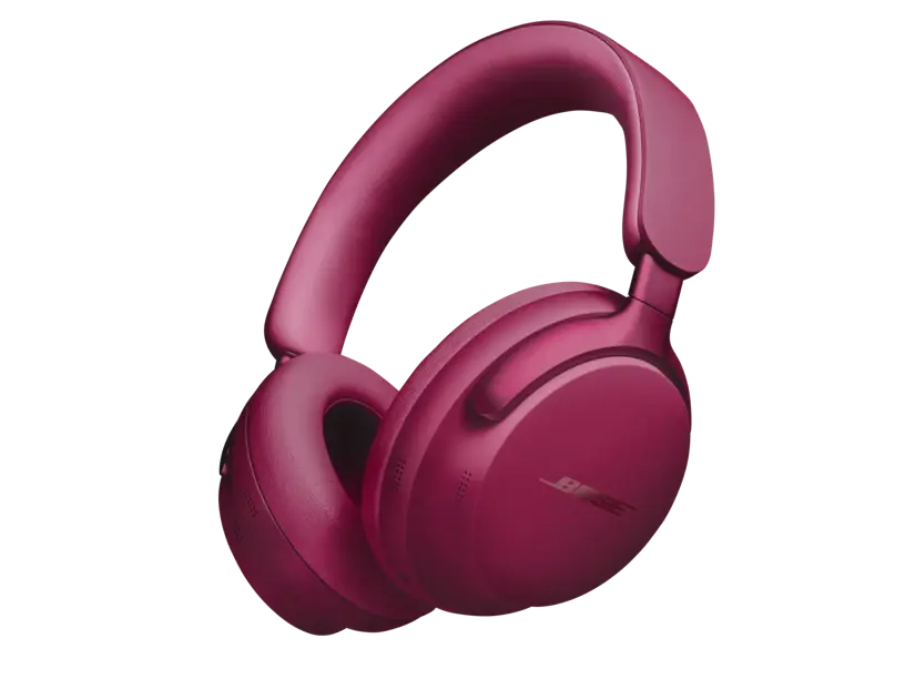 Black Bose QuietComfort Ultra headphones with cushioned ear cups and sleek design, shown on a plain background.