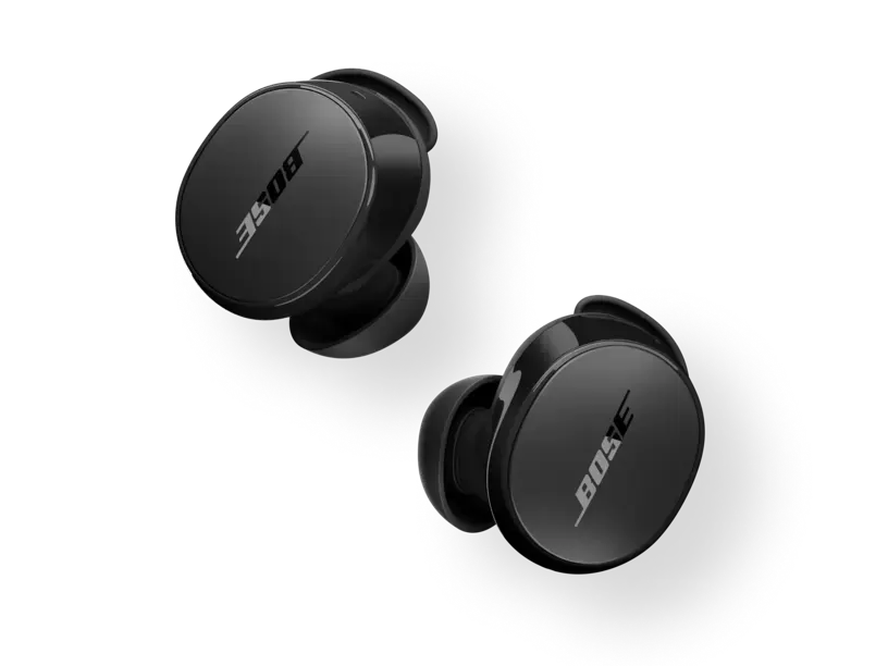 Black Bose QuietComfort Earbuds with Enforce Records branding, wireless in-ear headphones with sleek design and noise-canceling features.