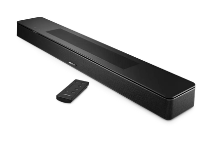 Black Bose Smart Soundbar from Enforce Records, sleek design with built-in audio controls and modern finish.