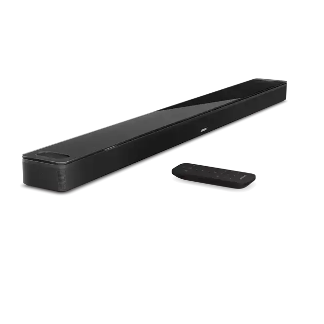 Brand new black Bose Smart Ultra Soundbar by Enforce Records, sleek design with advanced audio features for home entertainment.