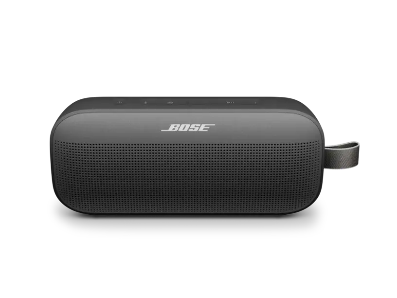Black Bose SoundLink Flex Bluetooth speaker 2nd generation, compact and portable with a sleek design and textured grip.