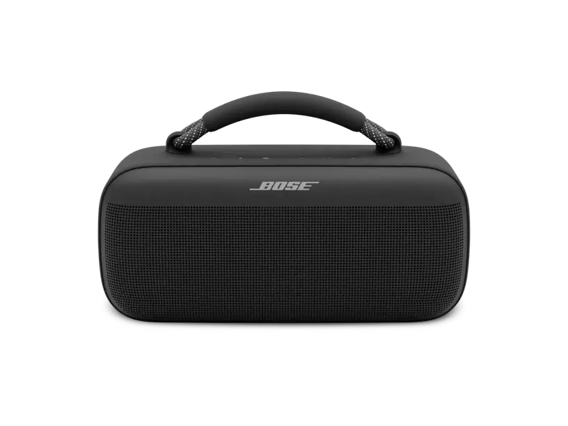 Enforce Records black Bose SoundLink Max portable speaker showcasing a compact design with control buttons on top.