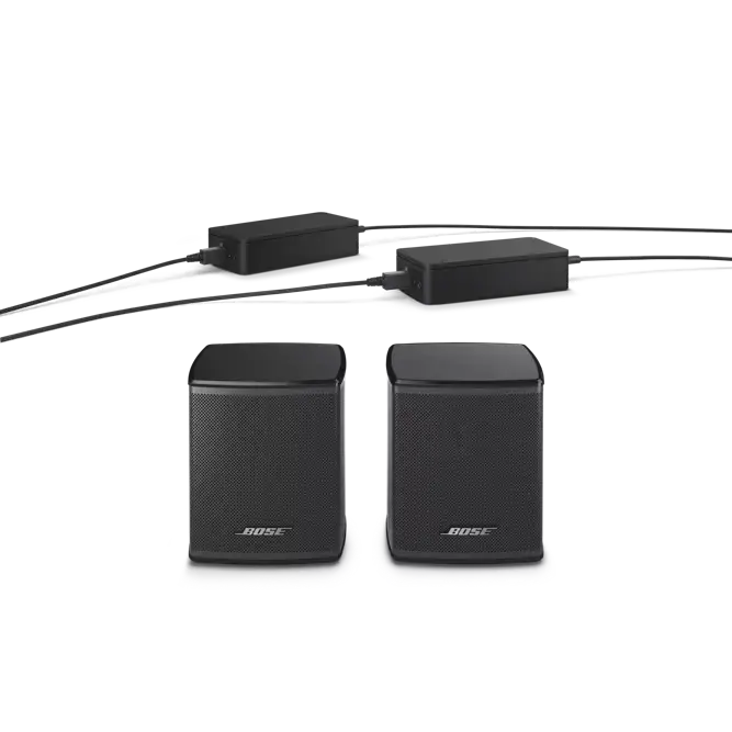 Enforce Records black Bose surround speakers for home theater, featuring sleek design and multiple speaker units.