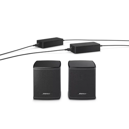 Enforce Records black Bose surround speakers for home theater, featuring sleek design and multiple speaker units.