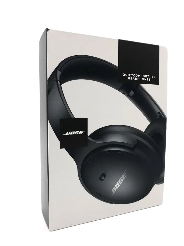 Bose QuietComfort SE headphones with over-ear design, noise-canceling features, black color, and soft ear cushions.