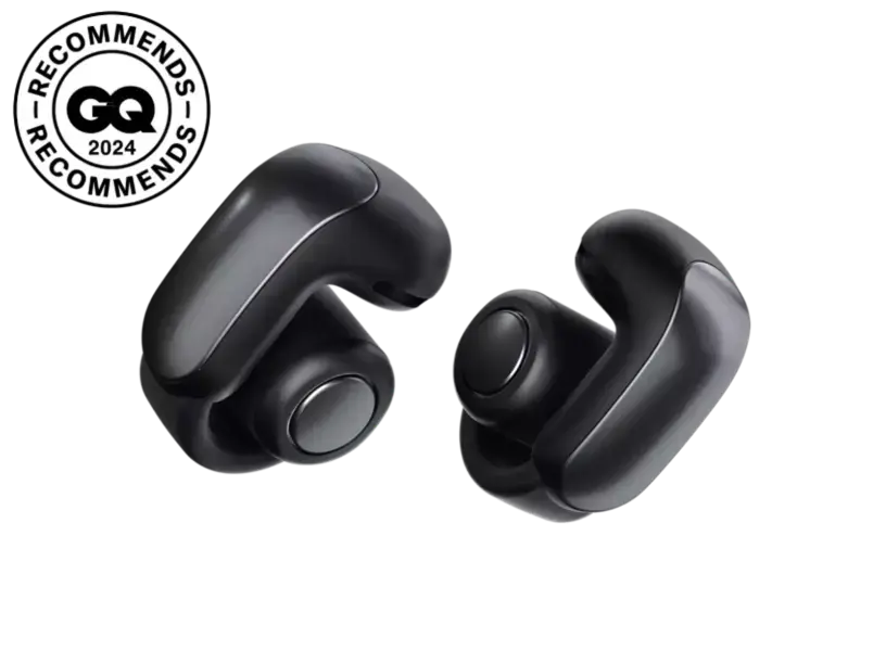 Black Bose Ultra Open Earbuds shown with open-ear design and sleek fit, designed for comfortable, immersive sound.
