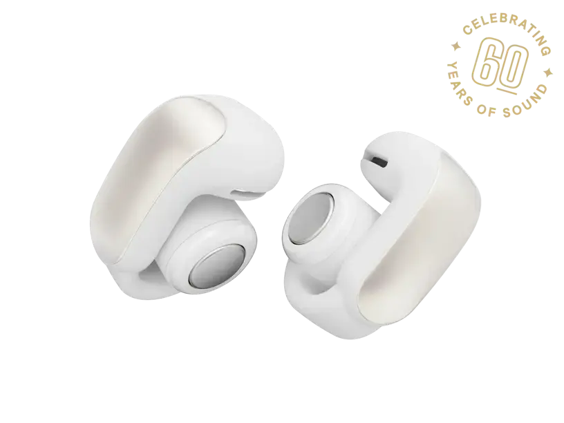 Black Bose Ultra Open Earbuds by Enforce Records with sleek open-ear design for comfortable listening.
