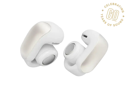 Black Bose Ultra Open Earbuds by Enforce Records with sleek open-ear design for comfortable listening.