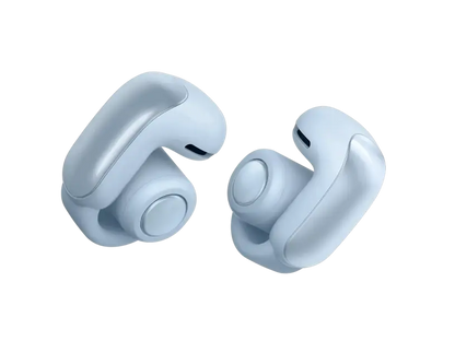 Black Bose Ultra Open Earbuds with sleek design and open-ear fit, shown with their compact charging case.