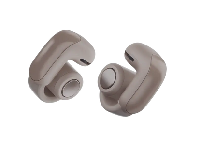Black Bose Ultra Open Earbuds from Enforce Records featuring open-ear design and sleek wireless fit.
