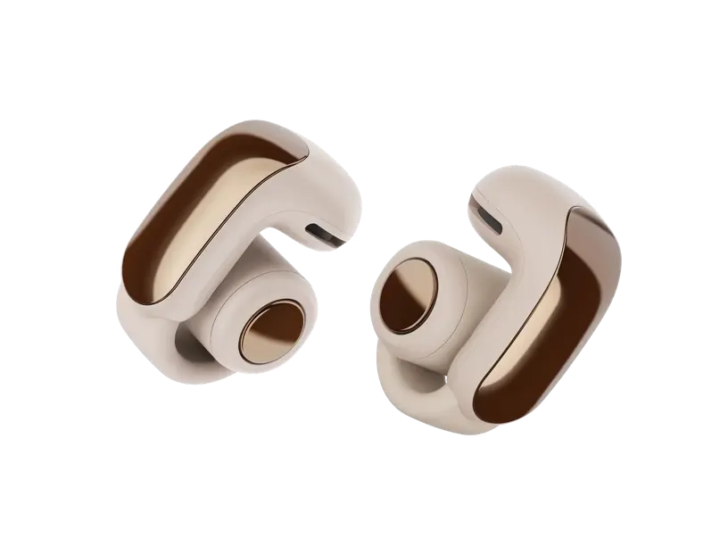 Black Bose Ultra Open Earbuds by Enforce Records, wireless in-ear headphones with open-ear design and sleek finish.