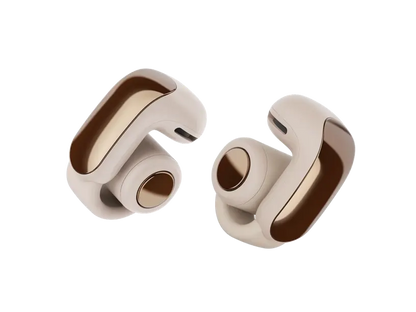 Black Bose Ultra Open Earbuds by Enforce Records, wireless in-ear headphones with open-ear design and sleek finish.