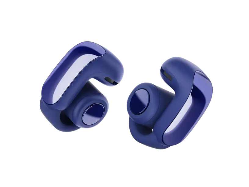 Black Bose Ultra Open Earbuds by Enforce Records, wireless earphones with open-ear design and sleek finish.