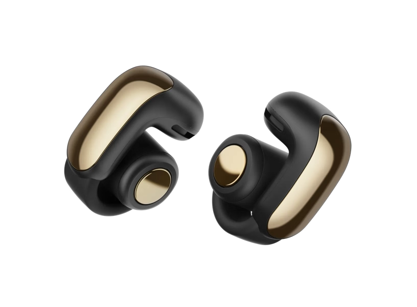 Black Bose Ultra Open Earbuds from Enforce Records, featuring open-ear design and sleek style for comfortable listening.