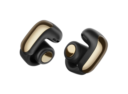 Black Bose Ultra Open Earbuds from Enforce Records, featuring open-ear design and sleek style for comfortable listening.