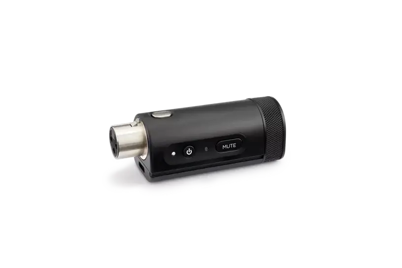 Enforce Records Bose wireless transmitter with XLR connection for professional audio setup, compact and sleek design.
