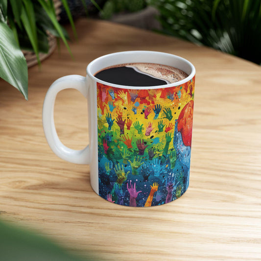 ColorFlow Heart of Pride ceramic mug featuring rainbow hands and love theme, 15 oz coffee cup with colorful heart design.