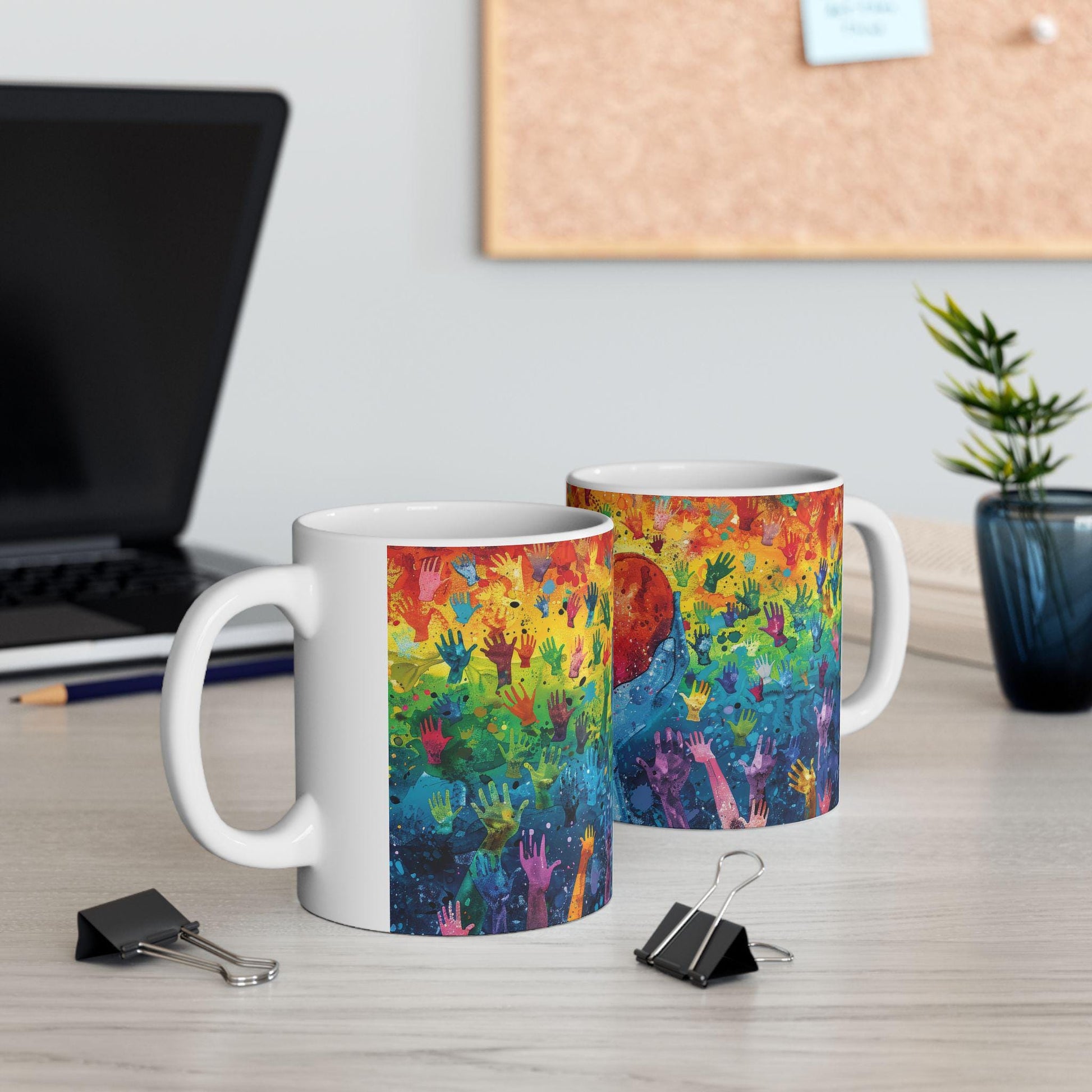 ColorFlow Heart of Pride ceramic mug with rainbow hands design, 15 oz, symbolizing love, unity, and kindness.