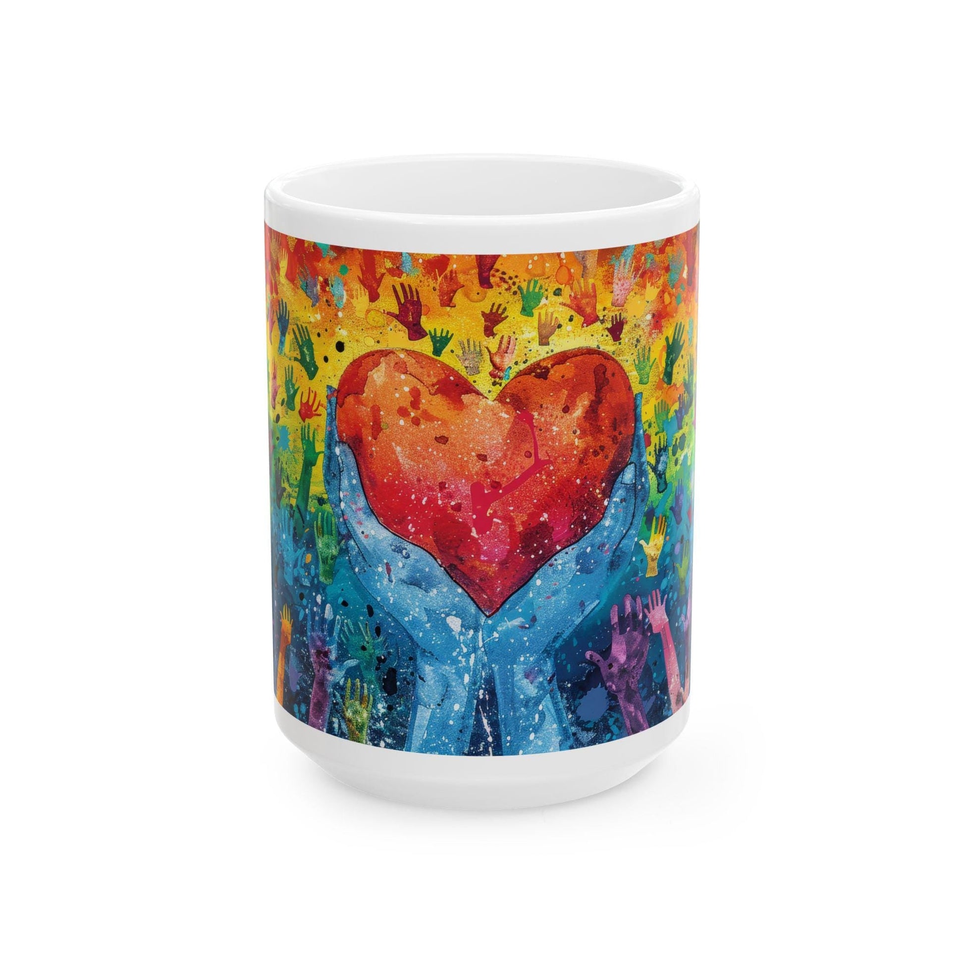 ColorFlow Heart of Pride ceramic mug featuring rainbow hands design, 15 oz coffee cup symbolizing love, unity, and kindness.