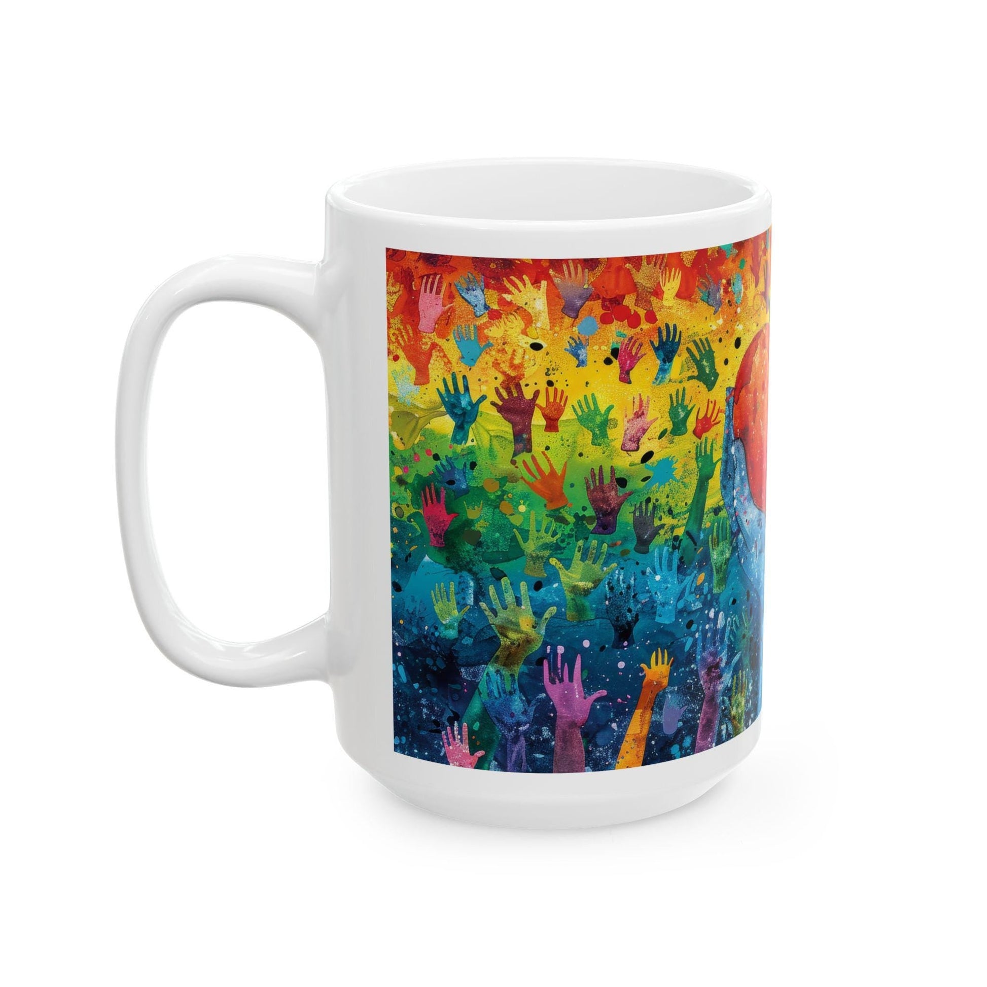ColorFlow Heart of Pride ceramic mug with rainbow hands design, 15 oz coffee cup symbolizing love, unity, and kindness.
