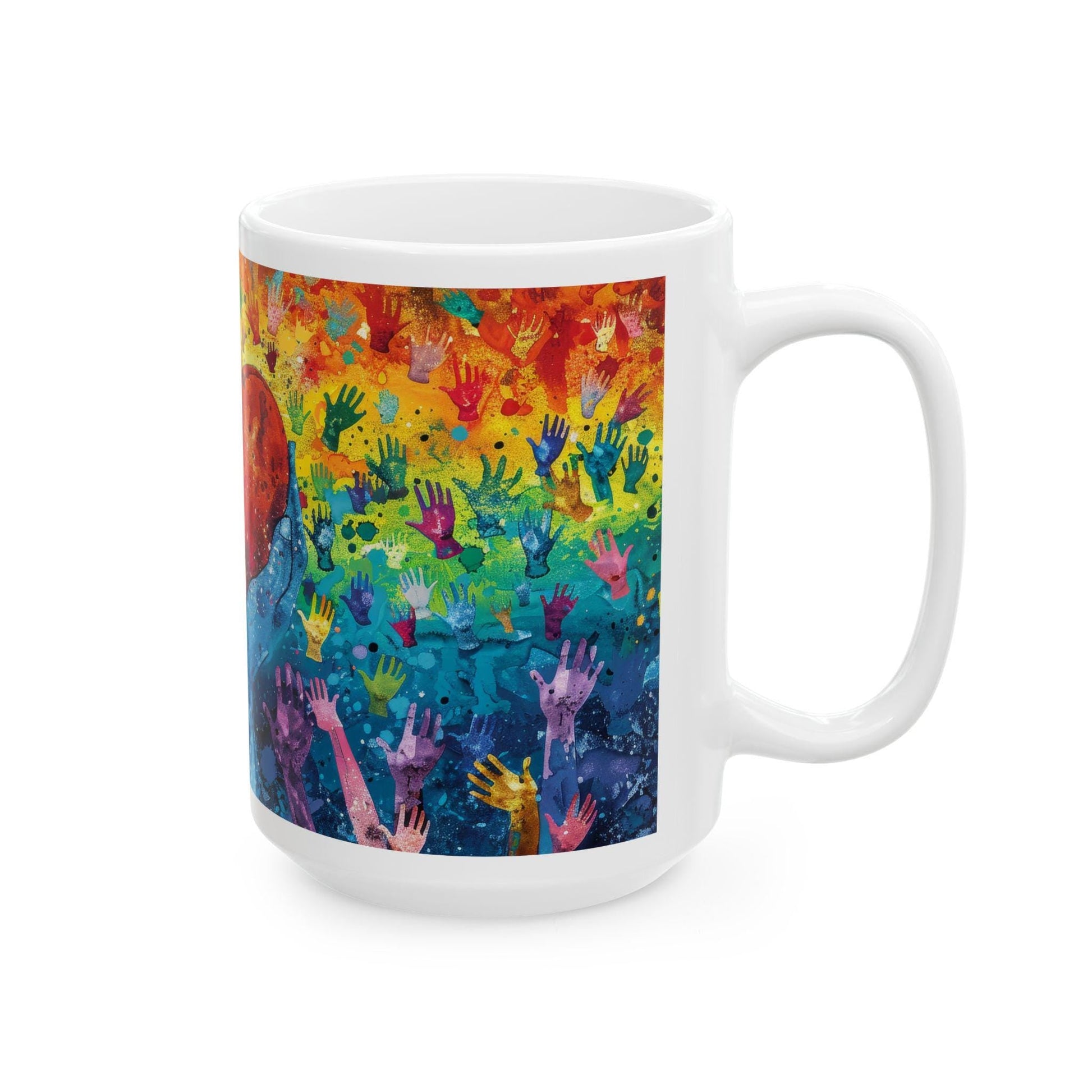 ColorFlow Heart of Pride ceramic mug with rainbow hands design, 15 oz coffee cup symbolizing love, unity, and kindness.