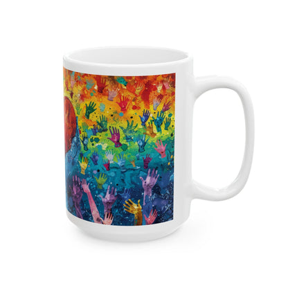ColorFlow Heart of Pride ceramic mug with rainbow hands design, 15 oz coffee cup symbolizing love, unity, and kindness.
