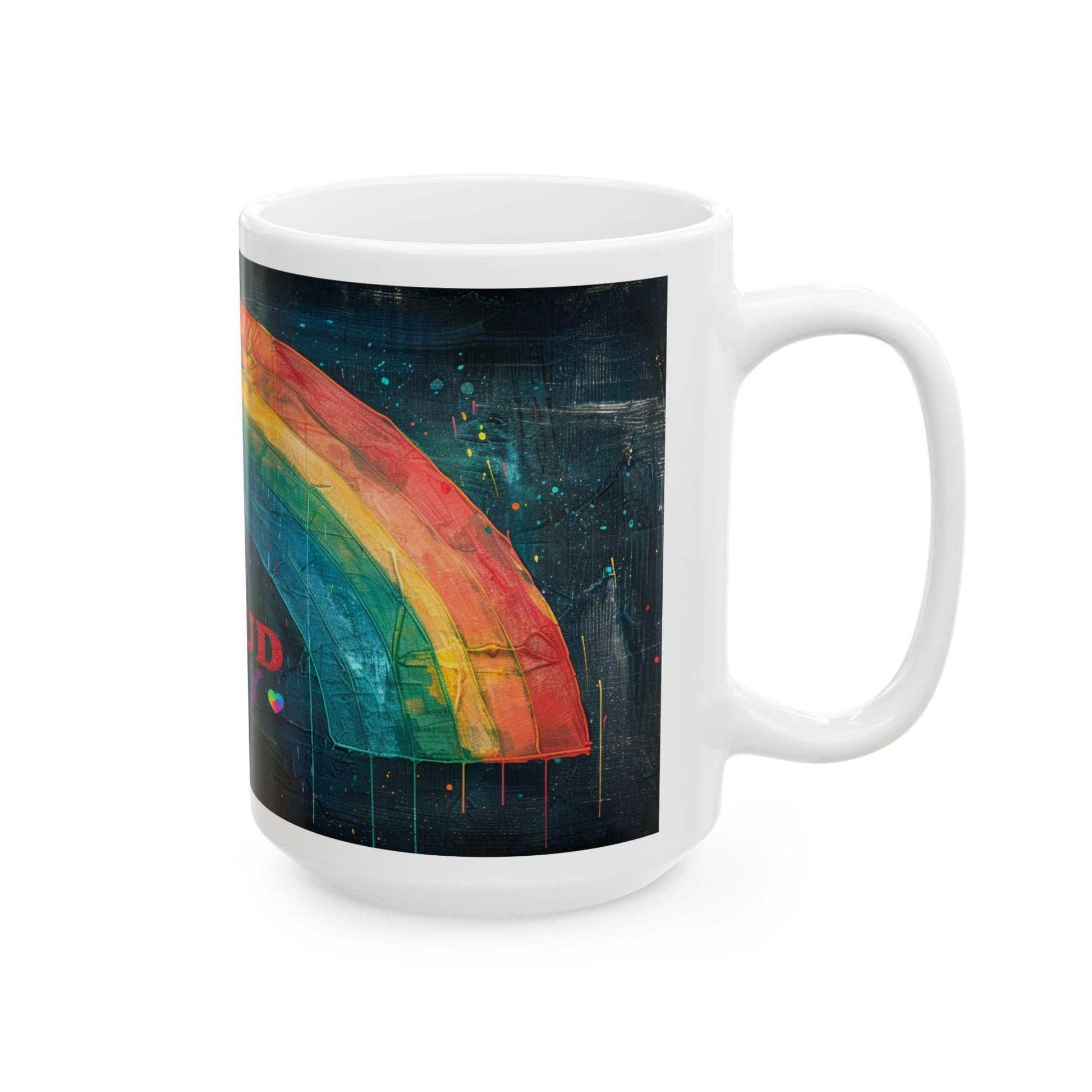 ColorFlow Proud Ally Mug featuring rainbow art, 15 oz ceramic coffee cup supporting love, equality, and pride.