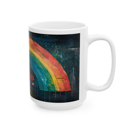 ColorFlow Proud Ally Mug with rainbow art, 15 oz ceramic coffee cup supporting love and equality pride.