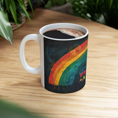 ColorFlow Proud Ally Mug featuring rainbow art, a 15 oz ceramic coffee cup symbolizing support and pride for equality.