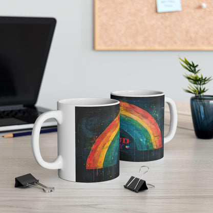 ColorFlow Proud Ally Mug featuring rainbow art and supportive love message, 15 oz ceramic coffee cup for equality pride.