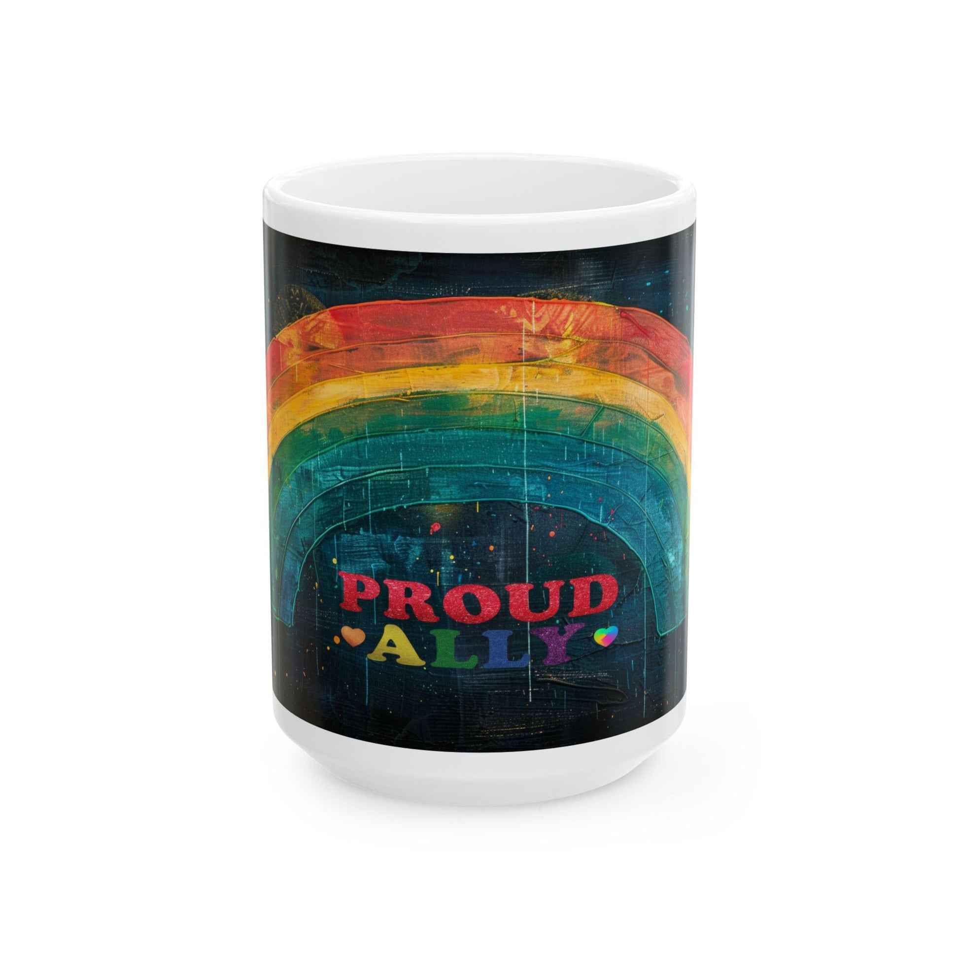 ColorFlow Proud Ally Mug featuring rainbow art on a 15 oz ceramic coffee cup, supporting love and equality pride.