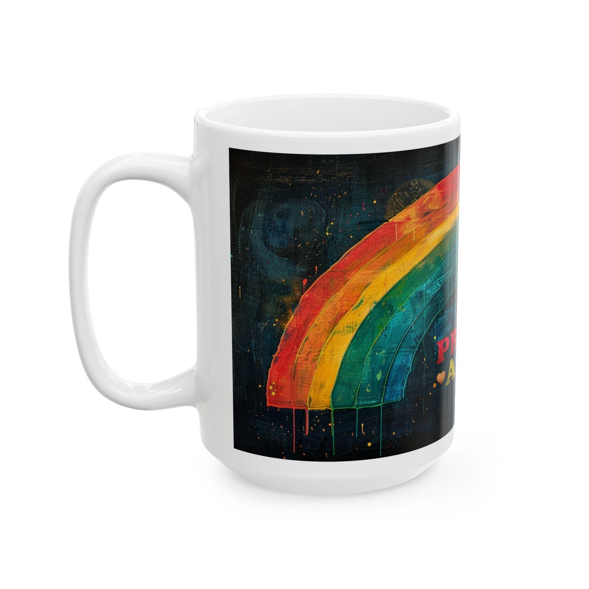 ColorFlow Proud Ally ceramic mug with rainbow art, 15 oz capacity, featuring supportive love and equality pride design.