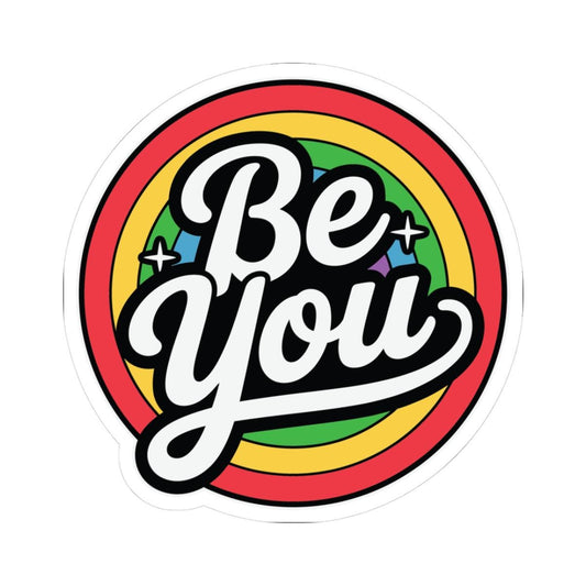 Glossy rainbow pride vinyl sticker featuring the Be You design, ideal for decorating laptops, notebooks, or water bottles.