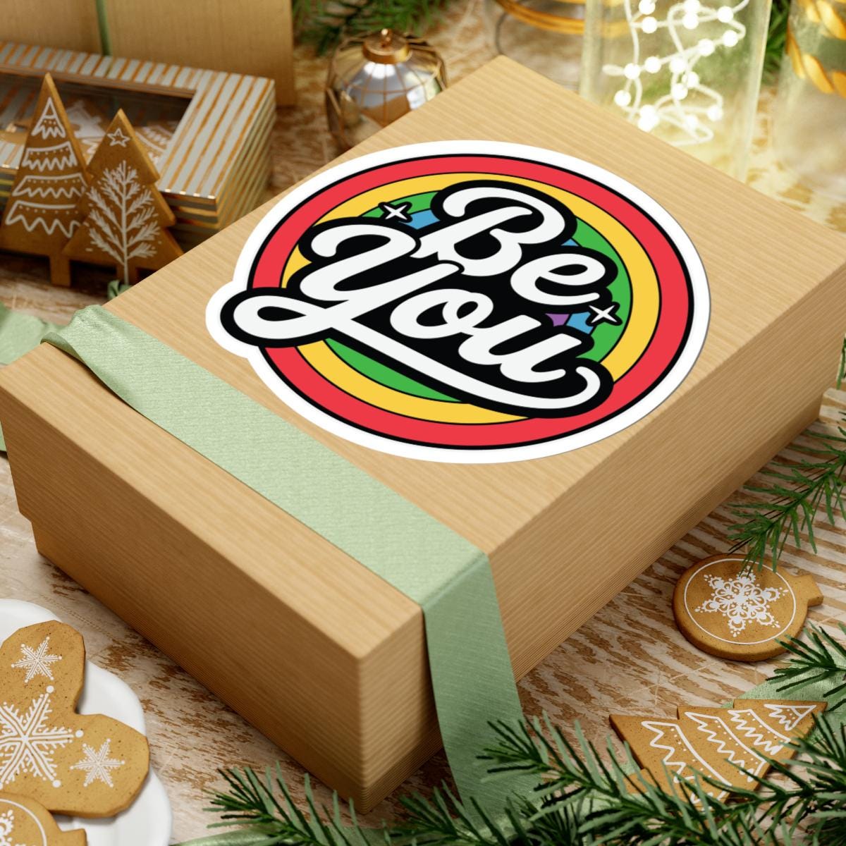 Glossy rainbow sticker with "Be You" message, LGBTQ+ pride vinyl decor, featuring vibrant rainbow colors and a glossy finish.