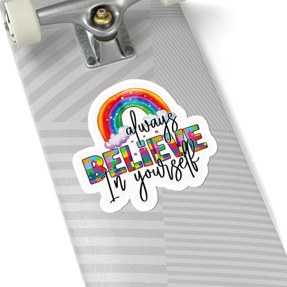 ColorFlow vinyl sticker with rainbow puzzle design, "Always Believe In Yourself" message, promoting autism pride and self-confidence.