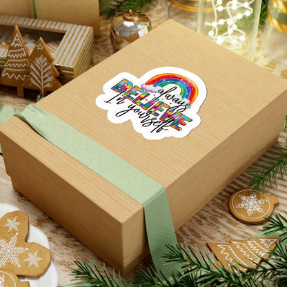 ColorFlow vinyl sticker featuring "Always Believe In Yourself" with rainbow puzzle design promoting autism pride and inspiration.