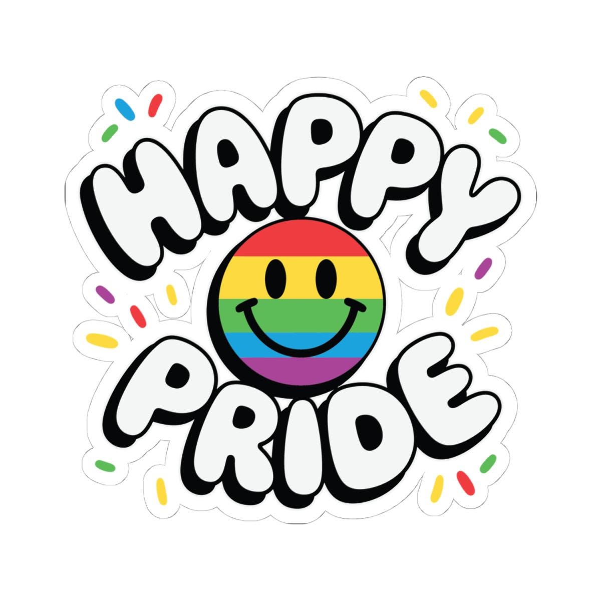 Rainbow LGBTQ vinyl smiley sticker with confetti design, suitable for decorating and celebrating Pride events and pride-themed crafts.