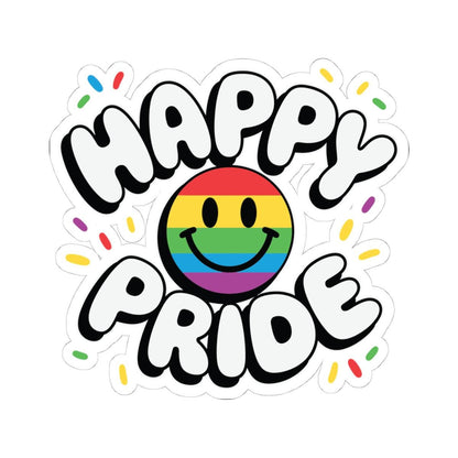 Rainbow LGBTQ vinyl smiley sticker with confetti design, suitable for decorating and celebrating Pride events and pride-themed crafts.
