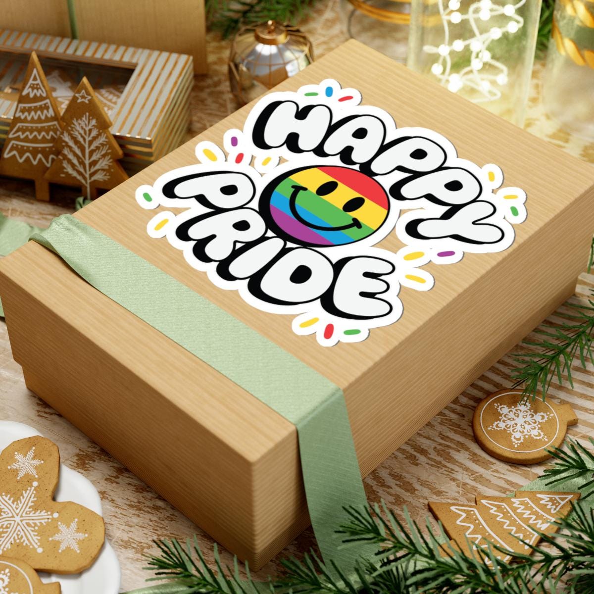 Glossy rainbow LGBTQ Pride smiley sticker with confetti design, perfect for decorating and showing support for LGBTQ+ celebrations.