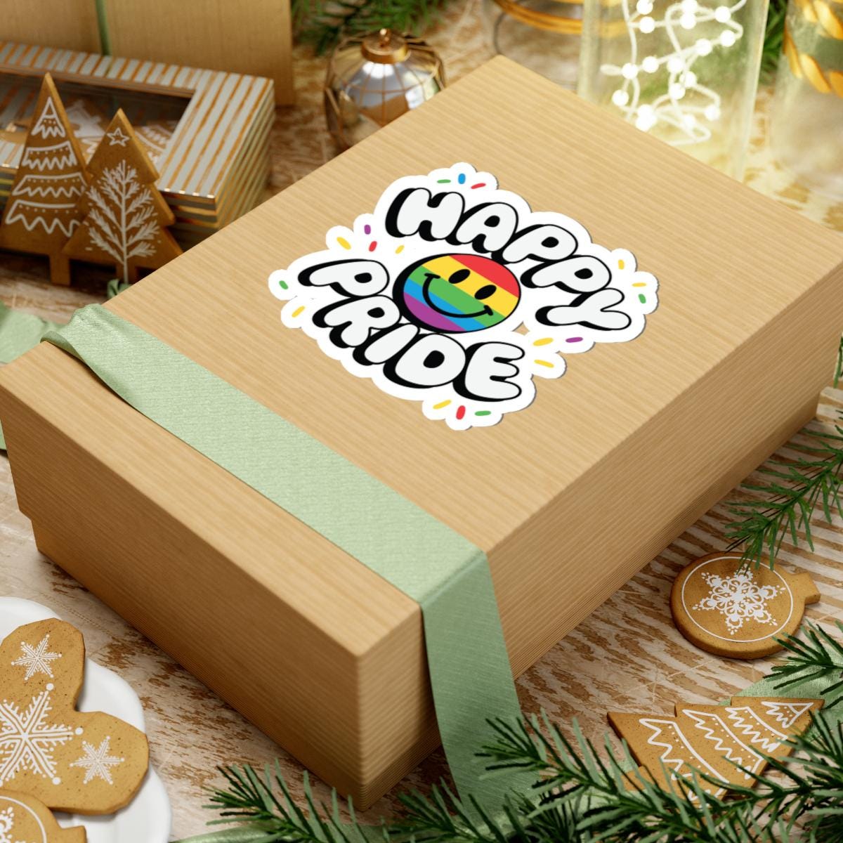 Glossy rainbow Pride smiley sticker featuring LGBTQ vinyl confetti design, perfect for decorating and celebrating pride.