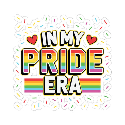 Rainbow LGBTQ+ vinyl sticker with "In My Pride Era" text, designed for laptops, featuring glossy rainbow colors and pride symbols.