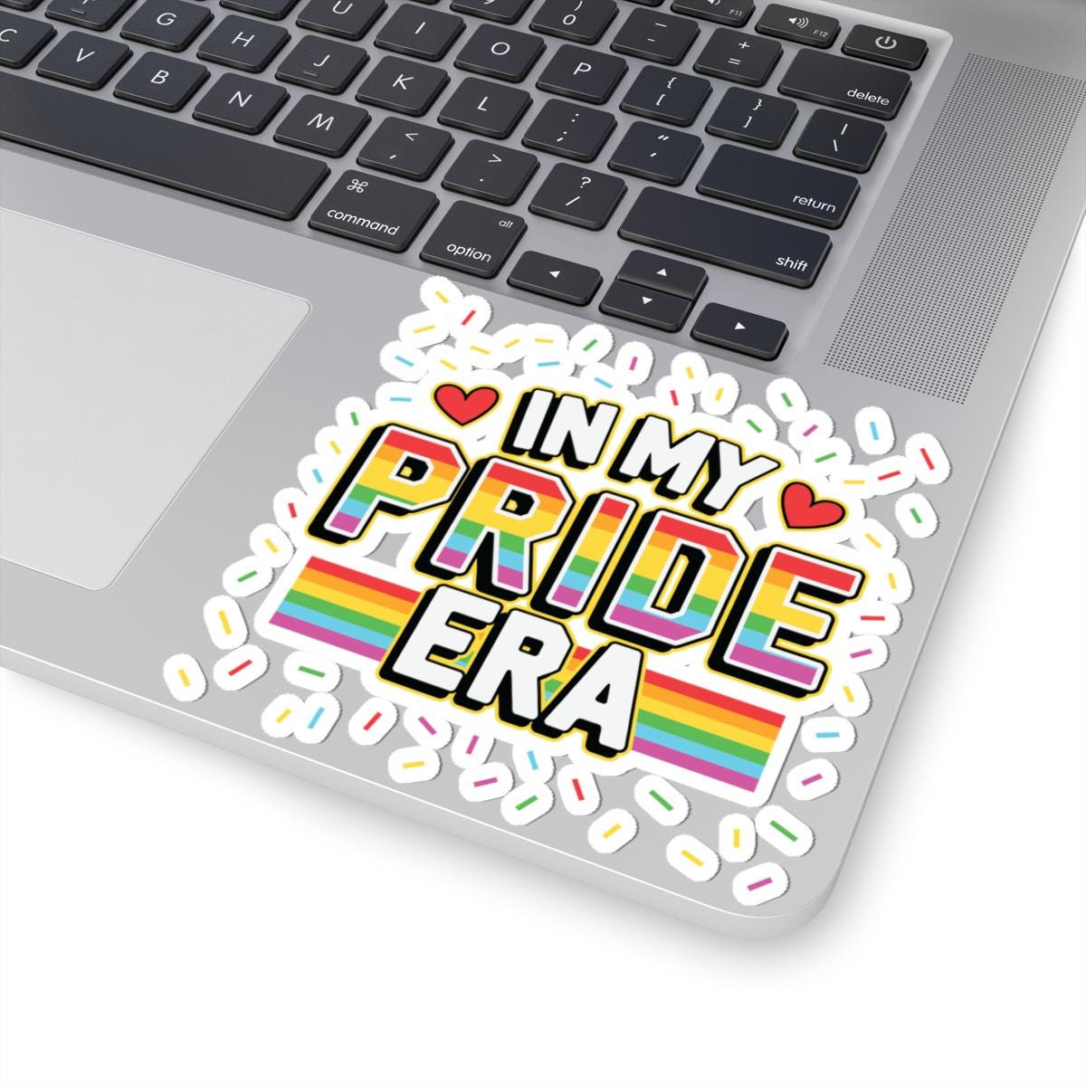 Rainbow LGBTQ+ vinyl sticker with "In My Pride Era" design, perfect for decorating laptops and expressing pride.