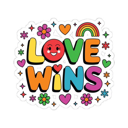 Rainbow love wins LGBTQ pride sticker featuring hearts and flowers, vinyl decal with vibrant rainbow colors and floral design