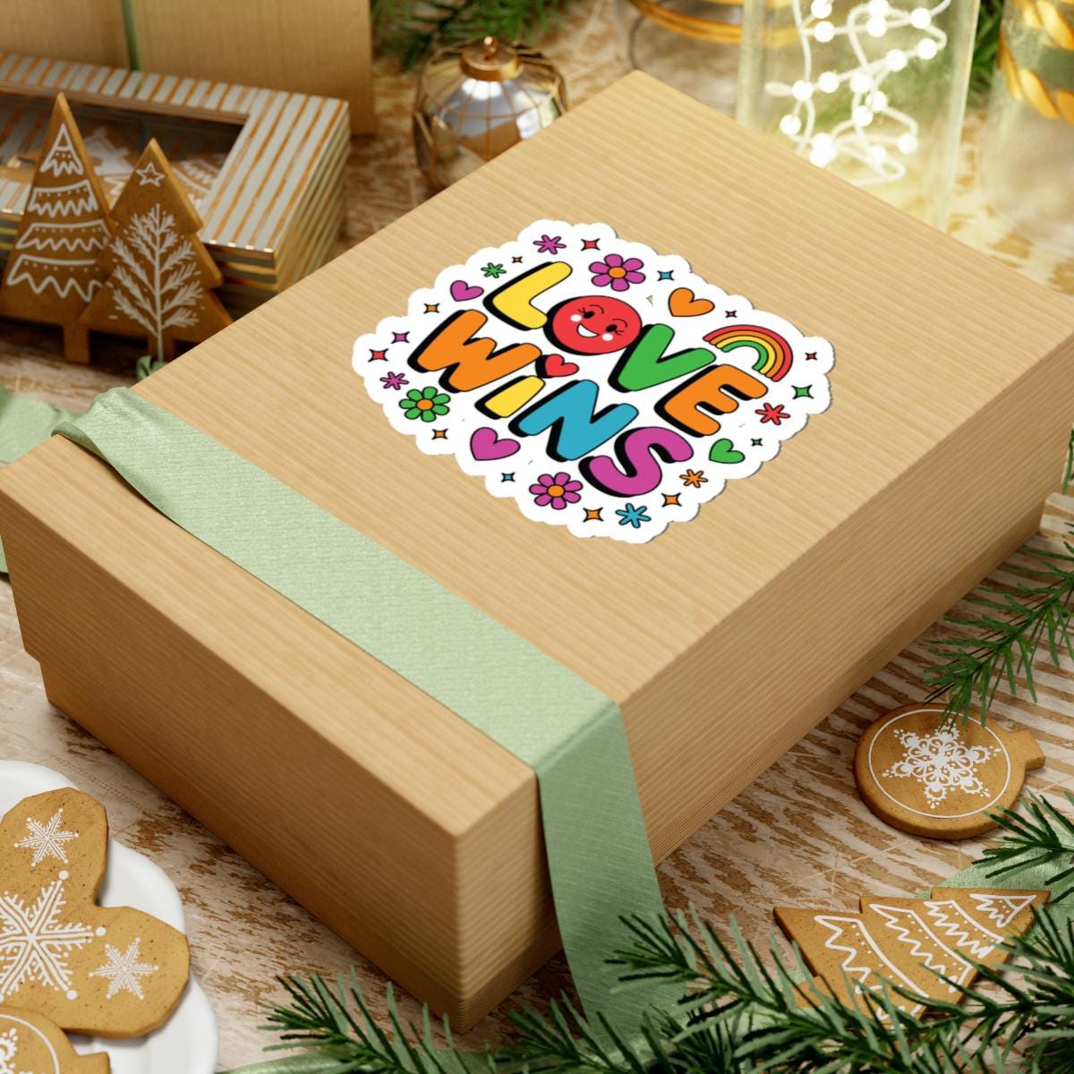 Rainbow hearts and flowers LGBTQ Pride sticker with "Love Wins" message, vinyl decal with glossy finish, perfect for decorating.
